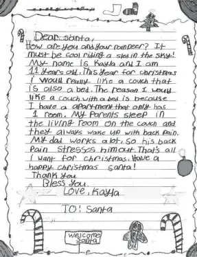  ?? USPS HANDOUT ?? Children often write into Operation Santa asking for needs for others, such as their parents. For the first time ever, the letter adoption process is all digital – and nationwide.