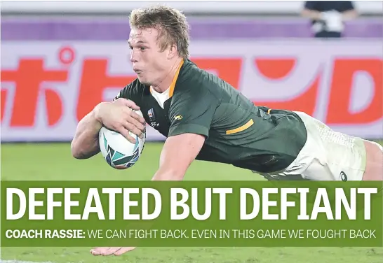  ?? Picture: Getty Images ?? SOMETHING POSITIVE. Springbok flank Pieter-Steph du Toit dives over for their only try in the World Cup loss to the All Blacks at Internatio­nal Stadium Yokohama on Saturday.