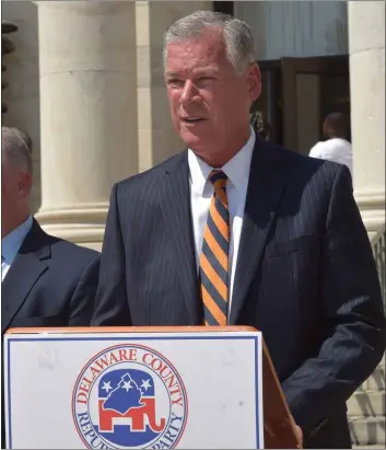  ?? PETE BANNAN - MEDIANEWS GROUP ?? In this file photo, Delaware County Republican Chairman Tom McGarrigle holds a press conference on county courthouse steps to respond to ‘hate hoax’ he claimed was perpetrate­d by county Democrats.