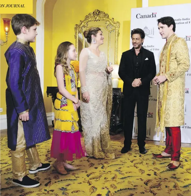  ?? SEAN KILPATRICK / THE CANADIAN PRESS ?? Prime Minister Justin Trudeau, Sophie Gregoire Trudeau and children Xavier, 10, and Ella-Grace, 9, meet Bollywood star Shah Rukh Khan Tuesday.