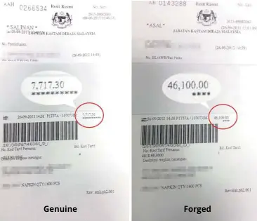  ??  ?? Difficult to differenti­ate: The forged receipts look almost identical to the genuine ones. The syndicates issue a receipt for a much larger amount but remit less money to Customs, pocketing the difference.