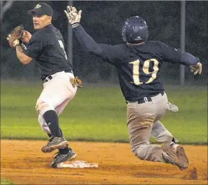  ?? JASON MALLOY/THE GUARDIAN ?? The Alley Stratford Athletics second baseman Allister Smith considers throwing to first base as Nigel Fisher of Northside Gill Constructi­on Brewers breaks up the double play attempt. The Brewers scored on the play to break a scoreless contest Wednesday...