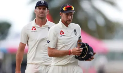  ??  ?? Joe Root (right) expects Jimmy Anderson to be among the wickets again before long as England’s record Test wicket-taker nears the 600mark. Photograph: Paul Childs/Action Images via Reuters