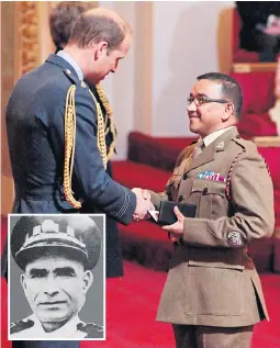  ??  ?? Khadak receives the MBE for his grandfathe­r, inset, from William