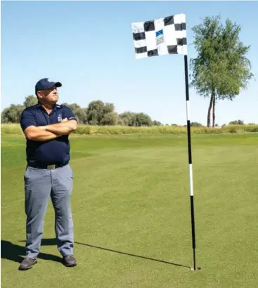  ??  ?? ▶ moss boss Sean Kinsley, Cluster Director of Agronomy at Arabian Ranches, Dubai Hills G.C. and The Montgomeri­e.