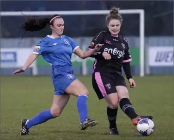  ??  ?? Ciara Rossiter clears under pressure from Chloe Connolly before sustaining her injury.