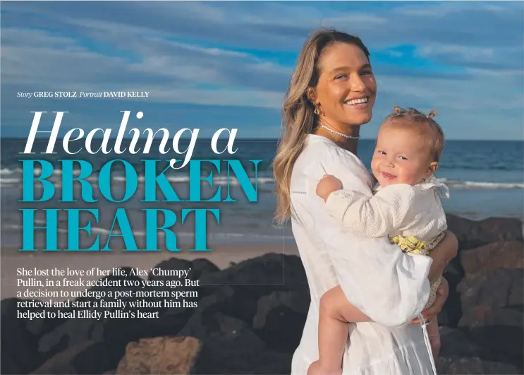  ?? ?? Ellidy Pullin and her daughter Minnie Alex pictured at the beach – a place close to the heart of her partner Alex ‘Chumpy’ Pullin, who died in 2020. Picture: David Kelly