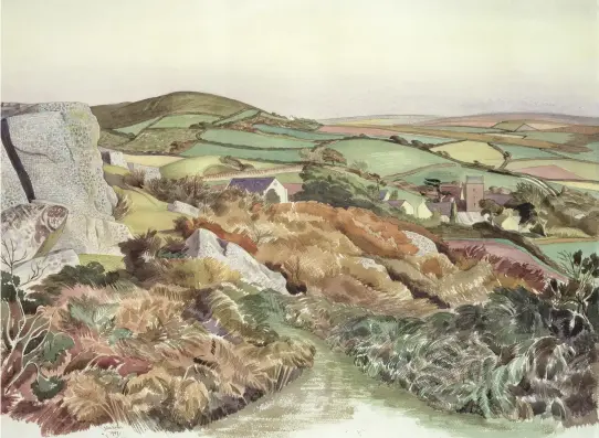  ??  ?? Welsh Landscape by John Nash, who has been rather overlooked compared to his brother Paul, but his reputation as a very fine watercolou­r landscape painter is growing fast