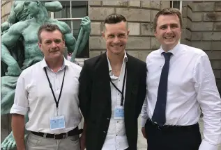  ??  ?? Wexford’s Phil Skelton of the Stayin’ Alive at 1.5 campaign, top profession­al cyclist Nicolas Roche and James Browne TD at Leinster House.