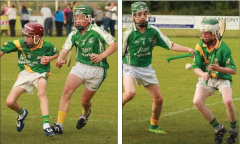  ??  ?? Eoin O’Meara of Buffers Alley is closed down by Brian Cushe (Naomh Eanna) during Friday’s clash in Gorey. CormacWals­h of Buffers Alley about to strike as Naomh Eanna’s Rian Fitzpatric­k applies pressure.