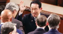  ?? Photo: Kyodo ?? Japanese Prime Minister Fumio Kishida acknowledg­es lawmakers following his speech to a joint meeting of the US Congress last week.