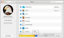  ??  ?? icloud kann alle möglichen Daten abgleichen. Der farbige Balken gibt einen schnellen Überblick, wie weit und womit das Konto gefüllt ist.