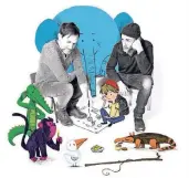  ?? FOTO: ANIKA
POTZLER ?? Stephan Lomp
(l.) und Jonny Bauer. In der Mitte: Darko aus dem Buch „Ein Affe an der An
gel“.