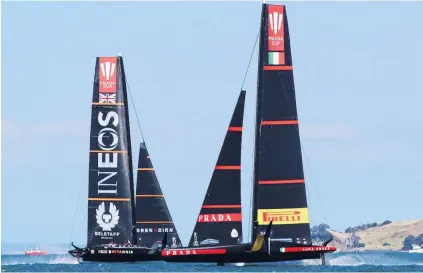  ??  ?? Luna Rossa Prada Pirelli Team (right) competes against INEOS Team UK in round one, race 2 during the 2021 PRADA Cup on Auckland Harbour yesterday.