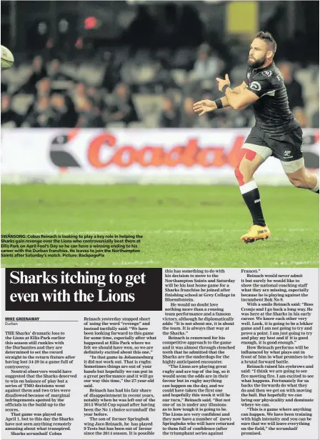  ??  ?? SWANSONG: Cobus Reinach is looking to play a key role in helping the Sharks gain revenge over the Lions who controvers­ially beat them at Ellis Park on April Fool’s Day so he can have a winning ending to his career with the Durban franchise. He leaves...