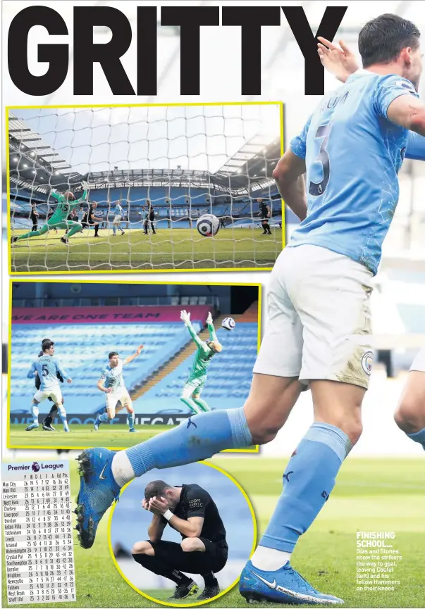  ??  ?? FINISHING SCHOOL... Dias and Stones show the strikers the way to goal, leaving Coufal (left) and his fellow Hammers on their knees