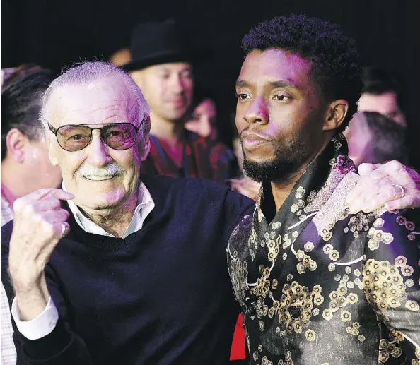  ?? CHRIS PIZZELLO ?? When Stan Lee, left, created the Black Panther character decades ago, he got pushback from some comic book distributo­rs. Earlier this year, Lee had the chance to see the character hit the big screen in a film starring Chadwick Boseman that earned raves from fans and critics alike.