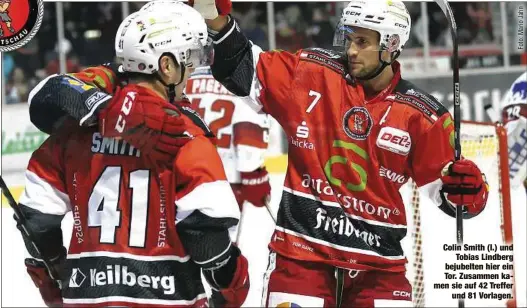  ?? ?? Colin Smith (l.) und Tobias Lindberg bejubelten hier ein Tor. Zusammen kamen sie auf 42 Treffer und 81 Vorlagen.