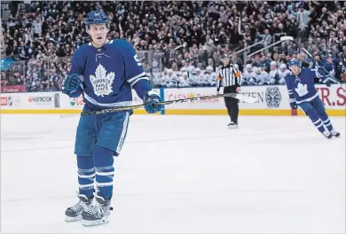  ?? CANADIAN PRESS FILE PHOTO ?? Maple Leafs defenceman Jake Gardiner celebrates after scoring against the Tampa Bay Lightning in NHL action in Toronto on Feb. 12.