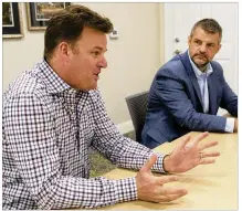  ?? STEPHEN SPILLMAN / FOR AMERICAN-STATESMAN ?? In an interview Wednesday, Columbus Crew SC chairman Anthony Precourt (left) and Dave Greeley, Precourt Sports Ventures president, tout moving the franchise to Austin.