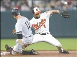  ?? The Associated Press ?? SAFE AT SECOND: New York Yankees’ Brett Gardner (11) slides into second as Baltimore Orioles shortstop Richie Martin (1) tries to catch the throw from the outfield on a double by Gardner during the ninth inning of Wednesday’s game in Baltimore. The Yankees won 14-2.