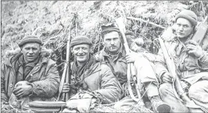  ?? CONTRIBUTE­D PHOTO ?? Sgt. Roy Rushton, second from left, with comrades from his platoon in an enemy trench captured in Korea in March 1951. With him are, from left, Pte. Kludash, Cpl. Andrews, section leader, and Pte. Robertson.