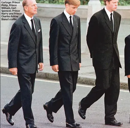  ??  ?? Cortege: Prince Philip, Prince William, Earl Spencer, Prince Harry and Prince Charles follow Diana’s coffin