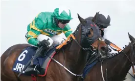  ?? Photograph: Andy Watts/racingfoto­s.com/Shuttersto­ck ?? Sire Du Berlais, ridden by Mark Walsh, clears the final hurdle to win the Stayers’ Hurdle.