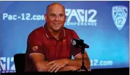  ?? AP PHOTO BY MARCIO JOSE SANCHEZ ?? In this July 27, file photo, Southern California head coach Clay Helton answers questions during the Pac12 Conference NCAA college football media day in Los Angeles.