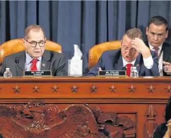  ?? CHIP SOMODEVILL­A/POOL VIA REUTERS ?? House Judiciary Committee Chairman Rep. Jerrold Nadler, D-N.Y., and ranking member Rep. Doug Collins, R-GA., look on during a House Judiciary Committee markup of the articles of impeachmen­t against President Donald Trump, on Dec. 13, on Capitol Hill in Washington.