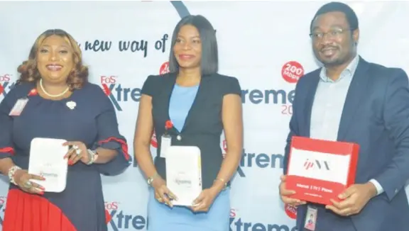  ??  ?? L-R: Christiana Okenla, Head of Customer, Experience and Advocacy, ipNX; Kene Eneh, Divisional CEO; and Chris Oputteh, Head of Engineerin­g, during the launch of Fibre Optic Service Xtreme 100 and 200 Plans, in Lagos recently.