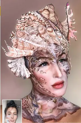  ??  ?? Make-up and body paint artist Samantha Helen, pictured on a Facebook video as herself, and with make-up on