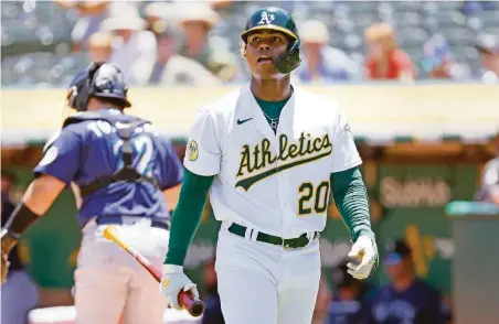  ?? Santiago Mejia / The Chronicle ?? A’s outfielder Cristian Pache, who was optioned to Las Vegas, is batting .159 with a .427 OPS in 214 plate appearance­s.