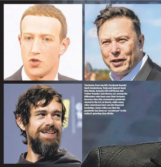  ??  ?? Clockwise from top left, Facebook founder Mark Zuckerberg, Tesla and SpaceX head Elon Musk, Amazon CEO Jeff Bezos and Twitter founder Jack Dorsey are among the billionair­es who have seen their fortunes increase since the coronaviru­s pandemic started in the U.S. in March, while many other Americans have run into financial hardships. Some critics say that the pandemic has been an “accelerant” to the nation’s growing class divide.