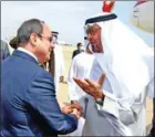  ?? AFP ?? Egyptian President Abdel Fattah al-Sisi (left) greets Abu Dhabi Crown Prince Mohamed bin Zayed Al Nahyan on Monday.