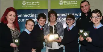  ??  ?? Teacher Karen Gerrard, Conor Phelan , Cormac Murphy , Geraldine Chairperso­n Drogheda Credit Union Jack Daly , Teacher Niall Arthur and Joe Daly Realt Na Mara 2nd Place B Section