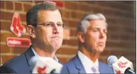  ?? Charles Krupa / Associated Press ?? Red Sox president Sam Kennedy, left, addresses the media during a news conference updating the status of David Ortiz at Fenway Park in Boston on Monday. President of baseball operations Dave Dombrowski, right, looks on.