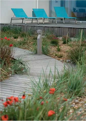  ??  ?? ABOVE Subtle bollard lighting is in keeping with the overall aesthetic OPPOSITE A rendered blockwork seat curves around a fire-pit, providing shelter from the strong winds Camber Sands is famous for