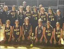  ??  ?? The St. Pius X varsity softball team, which won the Archdioces­an Tournament championsh­ip, included: Front, from left, Morgan Kane, Kerri McCallum, Rachel Scheb, Annabelle Donato, Ally Varela and Meghan Scheb; middle, coach Dawn Gray, Gianna Pagliotti,...