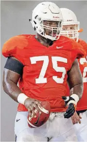  ?? OKLAHOMAN] [PHOTO BY CHRIS LANDSBERGE­R, THE ?? Oklahoma State junior Marcus Keyes has started 26 consecutiv­e games at left guard.