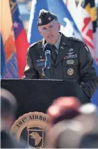  ?? ?? Col. Clint R. Cody, commander of the 101st Combat Aviation Brigade, addresses the audience during Thursday’s memorial, recounting the fallen soldiers’ dedication to their fellow service men and women. The “Dustoff Nine” were killed near Lake Barkley State Park Airport in Trigg County.