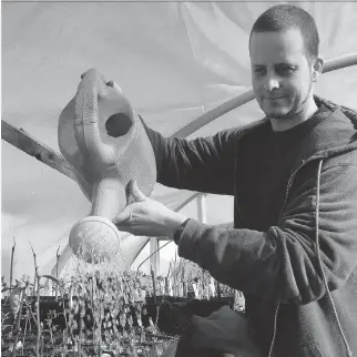  ?? ADRIAN LAM/TIMES COLONIST FILES ?? Geoff Johnson waters shrubs in a green house in his Victoria, B.C., backyard with a plastic watering can. Not all watering cans are created equal.