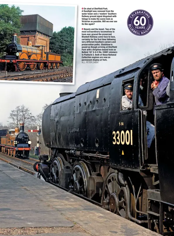  ?? ALL: PETER ZABEK ?? Beauty and the beast. Two of the most extraordin­ary locomotive­s to have ever graced the preserved Bluebell Railway come face to face, certainly for the first time following very different Southern careers and preservati­on paths. Gladstone is posed as though arriving at Sheffield Park with a Brighton-bound train as Bulleid ‘Q1’ 0-6-0 No. 33001 simmers in Platform 2. Both of these National Collection engines are now on permanent display at York.