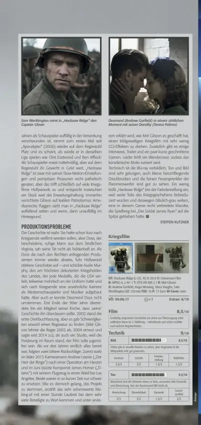  ??  ?? Sam Worthingto­n mimt in „Hacksaw Ridge“den Captain Glover Desmond (Andrew Garfield) in einem zärtlichen Moment mit seiner Dorothy (Teresa Palmer)