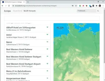  ??  ?? Unter www.europakart­e.org/wlan/deutschlan­d finden Sie neben einer Karte auch eine nach Bundesländ­ern und Städten geordnete Liste mit freien Wlan-hotspots inklusive Adresse.