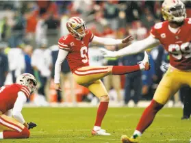  ?? Scott Strazzante / The Chronicle ?? The 49ers’ Robbie Gould, following the flight of his second-quarter field goal in a victory over the Seahawks on Sunday, is 68-for-71 the past two seasons.