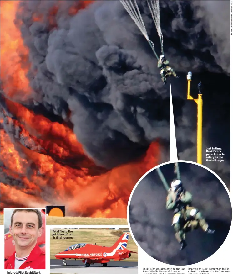  ??  ?? Injured: Pilot David Stark Fatal flight: The jet takes off on its final journey Just in time: David Stark parachutes to safety as the fireball rages