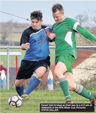  ??  ?? Forest Hall (in blue) on their way to a 4-2 win at Shilbottle in the NFA Minor Cup. Pictures: STEVE MILLER