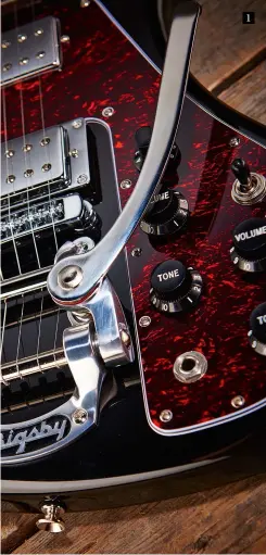  ??  ?? 1. The Bigsby is essential for the guitar’s retro vibe. Nick’s response sums it up: “A Bigsby that holds its tuning! How?” The roller-saddle Schaller bridge certainly helps, but this is one extremely sorted design 2. Aware of breaks on severely...