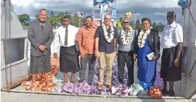  ?? Photo: Waisea Nasokia ?? From left:Head of Transport Simione Tugi, Setareki Cabebula, hotel manager Rodney Samuels, Hilton Cluster Hotel manager David Wells, Vision Group chairman Dilip Kathri, Reverend Takalesi Maiwiriwi, and Vilitati Momo on the brand new barge in Nadi.